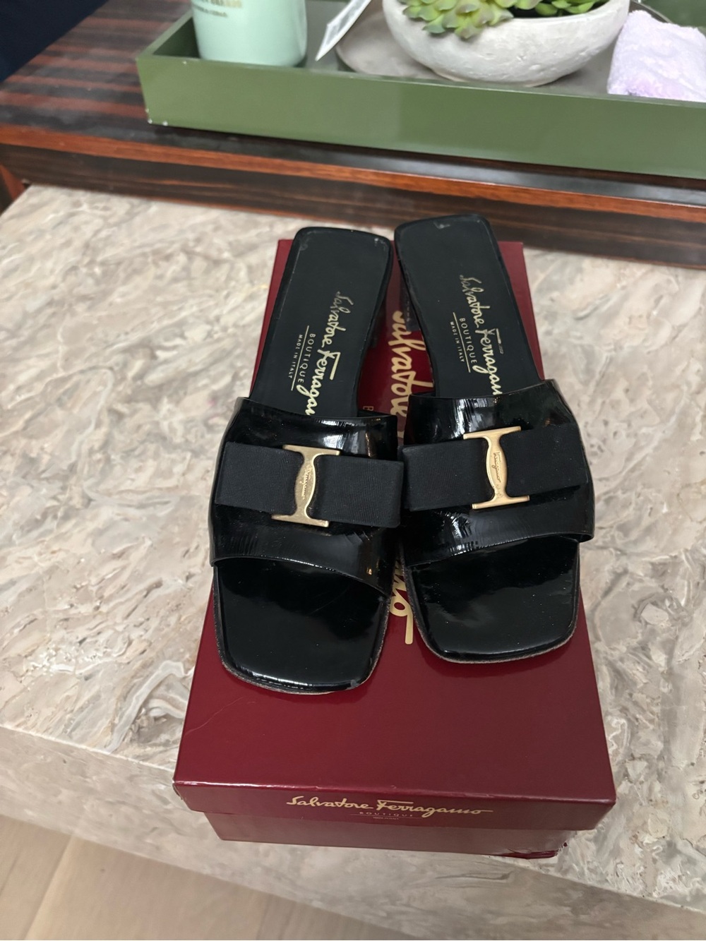 Salvatore Ferragamo Black Patent Vara Bow Slide Mules